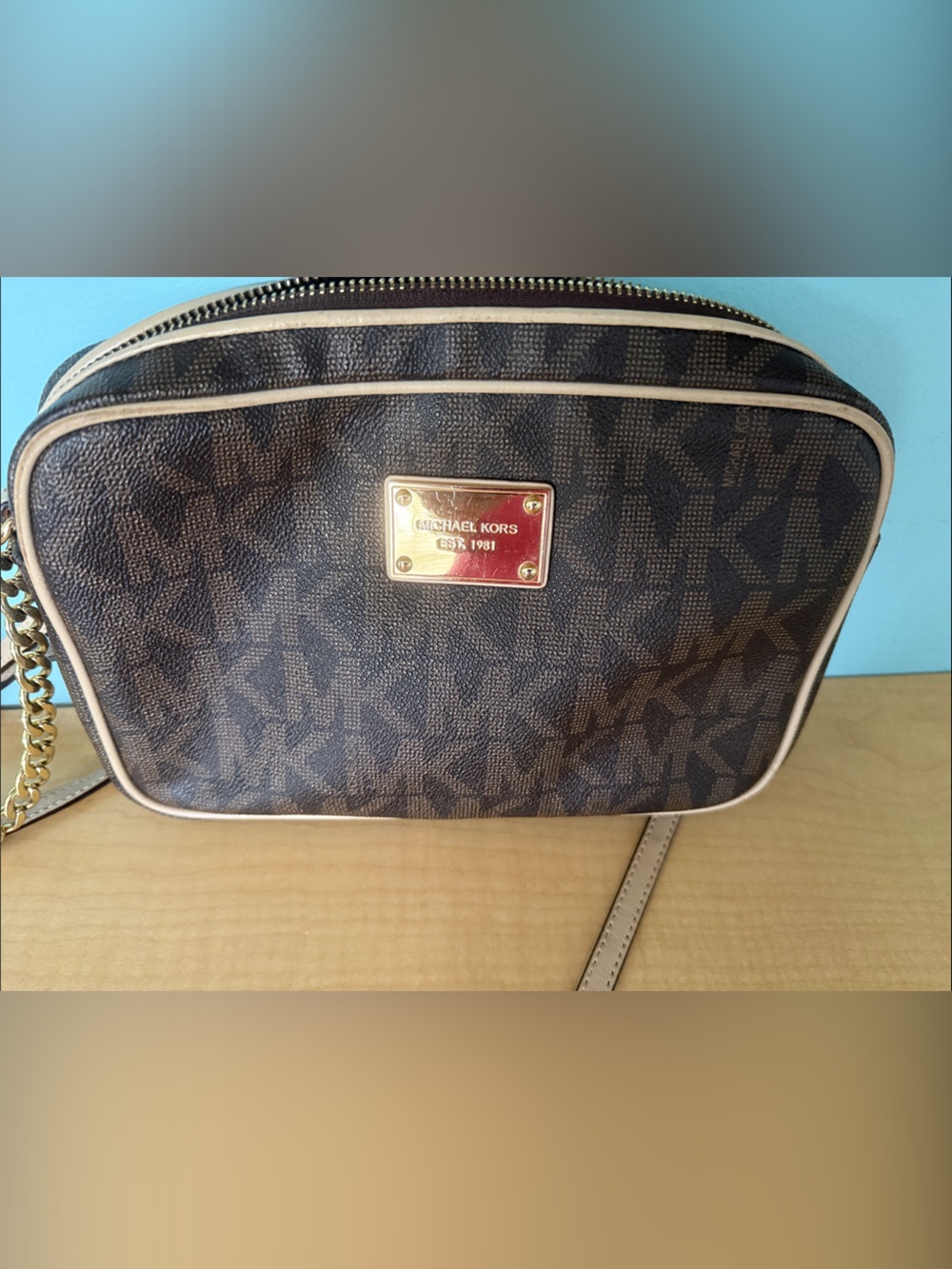 Michael Kors Brown Logo Crossbody with Beige Trim and Gold Plate